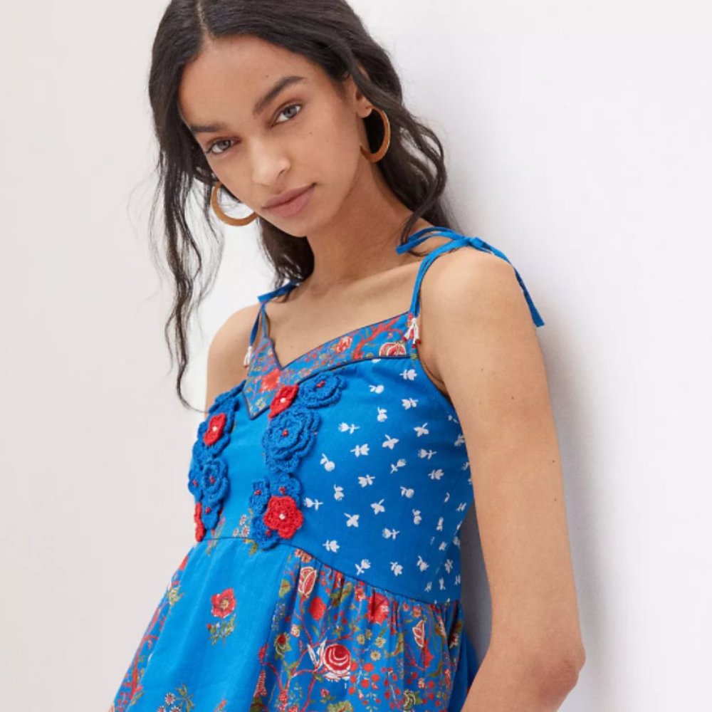 Anthropologie Blue Floral Crochet-Accented Tank Top - Picture 4 of 15